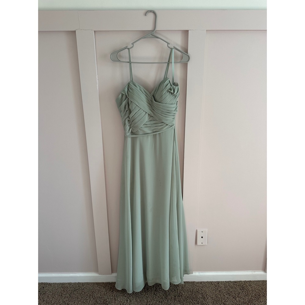 Kennedy Blue Sage Green Chiffon Pleated Bridesmaid Dress Size 10 Altered Stains